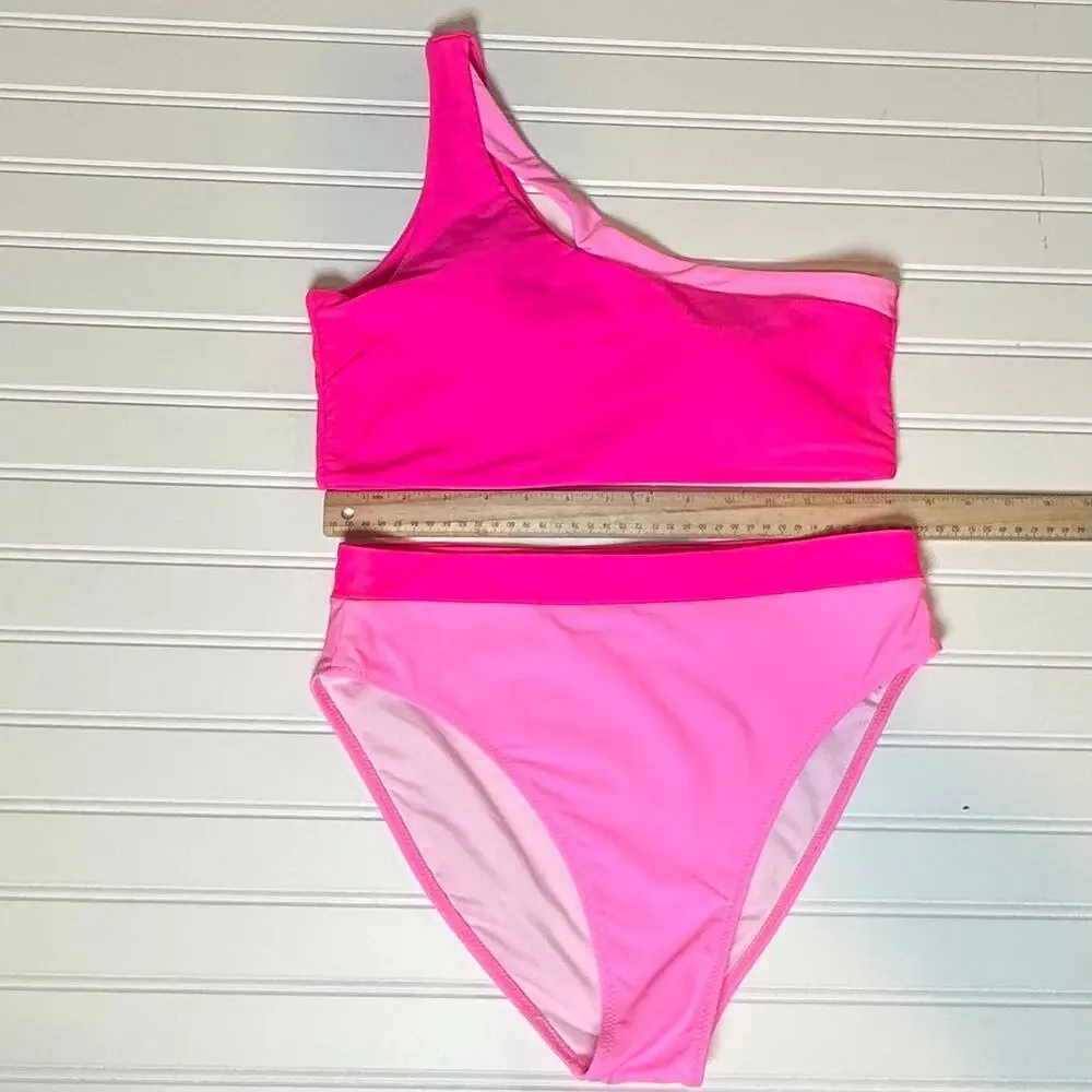 Women Pink Colorblock Bikini Set One Shoulder Cutout 2 Piece L